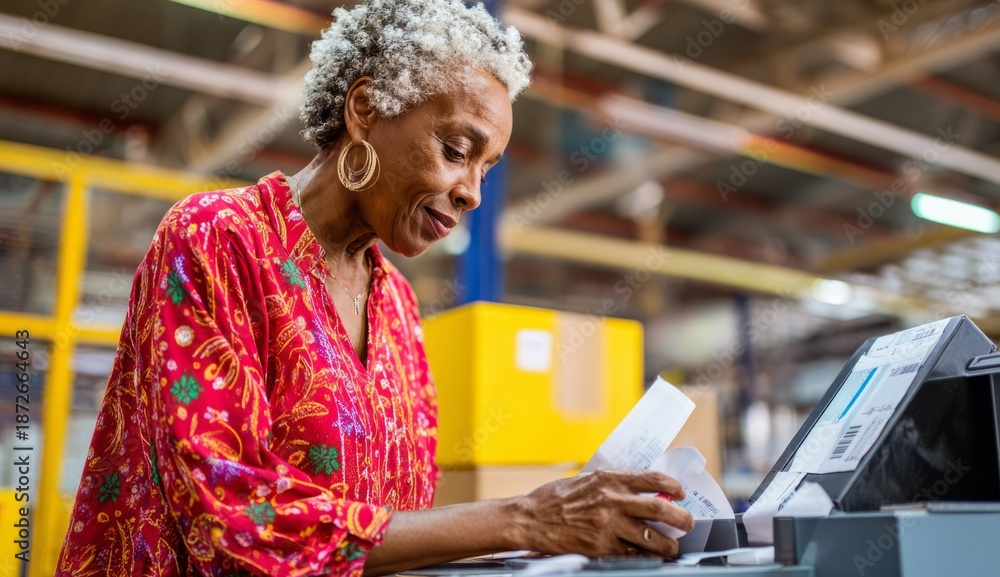 Fototapeta premium Senior woman processing order in a distribution warehouse