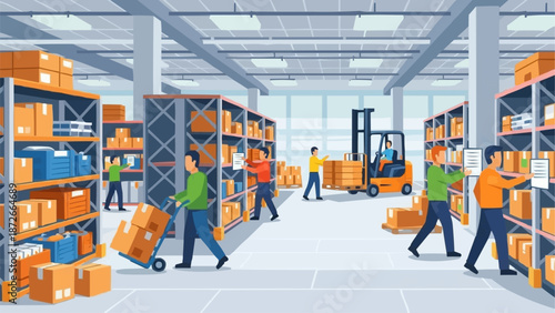 Warehouse workers organizing boxes and operating a forklift.