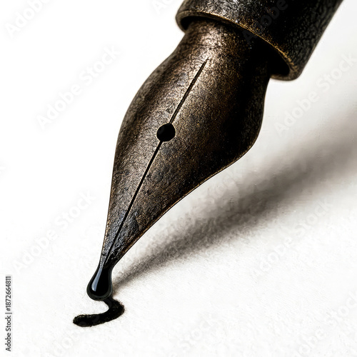 Macro Close Up of Fountain Pen Nib with Black Ink Drop