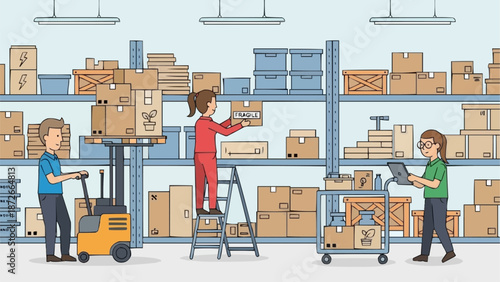 Warehouse workers organizing inventory and packages on shelves.