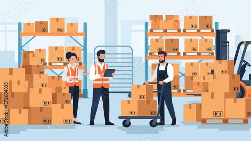 Warehouse workers organizing inventory and packages with a forklift.