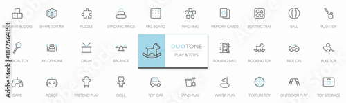 Baby and Kids play and toy activities icon set in modern duotone minimalist line style. Editable stroke icons for cognitive, motor, sensory and creative play for education apps, UI, web, print