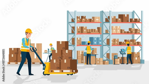 Warehouse worker moving boxes with a pallet jack and forklift.