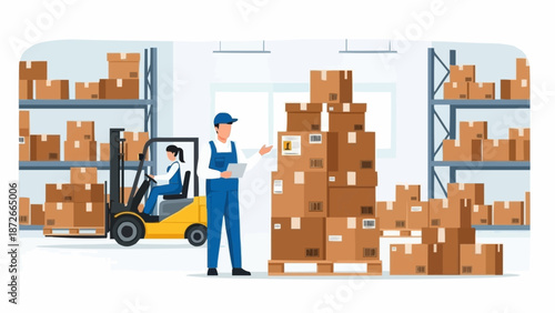 Warehouse worker with forklift and stack of boxes.