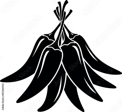 Black and white illustration of hanging chili peppers