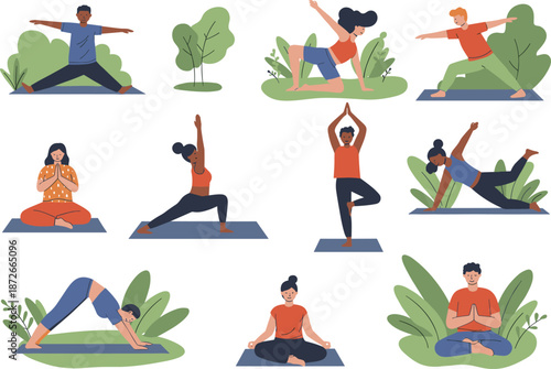 Outdoor yoga group, diverse poses, healthy lifestyle, mindfulness practice, nature exercise, fitness routine, peaceful environment, wellness activity, body balance, meditation session