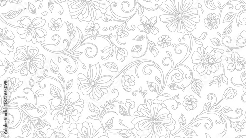 Delicate floral pattern with swirling vines and detailed blossom outlines