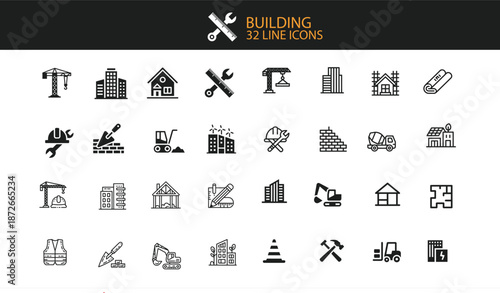 Building and construction line icons collection with tools and structures vector illustration