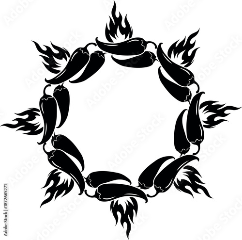 Black and white illustration of hanging chili peppers