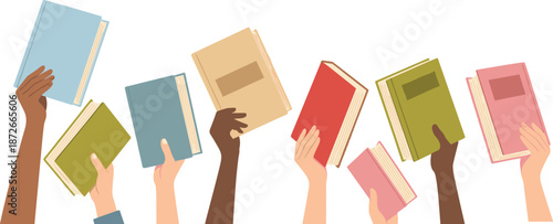 People holding books together, diversity reading concept, education knowledge sharing, colorful textbooks, learning community, library culture, isolated vector illustration