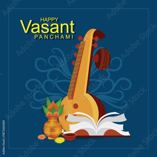 Happy Vasant Panchami social media template with veena and book