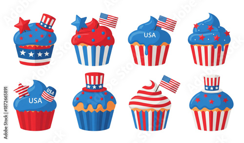 4th of July cupcakes with patriotic decorations flat cartoon dessert vector set isolated on transparent background
