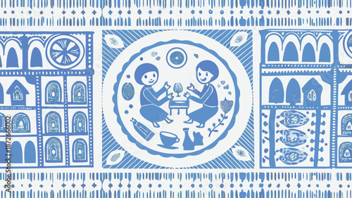 A creative silhouette illustration of children sharing a joyful moment together in a decorative with blue