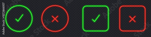 Neon glowing checkmark and cross icons on transparent background. Approval, acceptance, error, rejected symbol. Vector illustration.