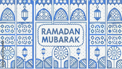 A decorative ramadan silhouette poster showing arc shaped lanterns and stars on white background with art