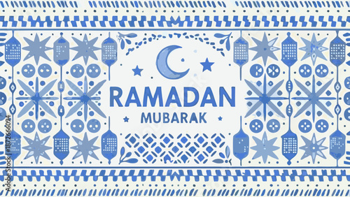 Festive silhouette illustration of crescent moon and stars on ramadan mubarak background with blue