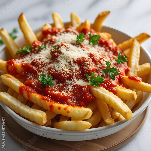 Crispy Loaded French Fries with Spicy Tomato Sauce and Parmesan Close Up