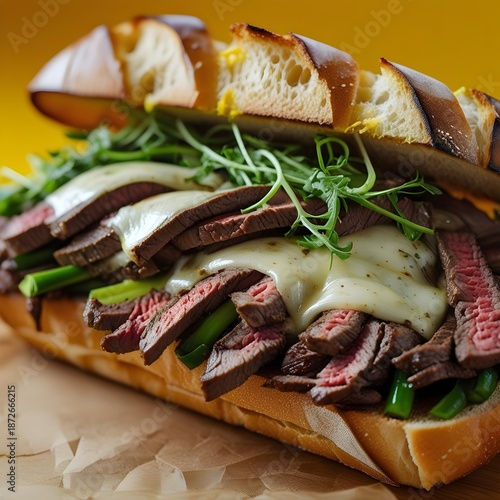 Gourmet Steak Baguette Sandwich with Melted Cheese Close Up