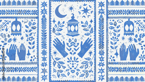 A poetic ramadan silhouette illustration of hands reaching up towards a crescent moon and stars with faith