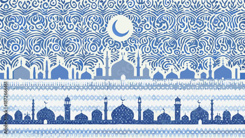 A unique silhouette scene showing a city skyline with mosques and minarets under a crescent moon with dusk