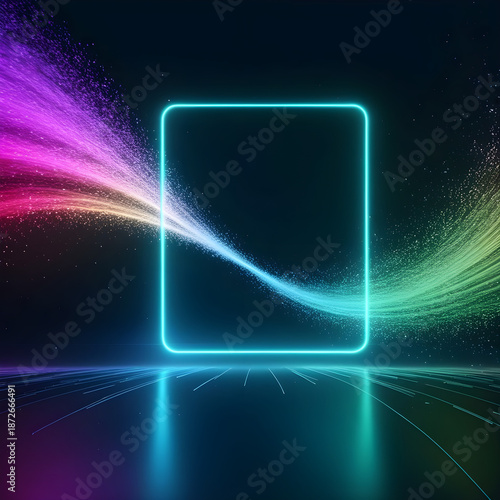 Futuristic Neon Particle Rectangle with Rainbow Glow on Dark Background