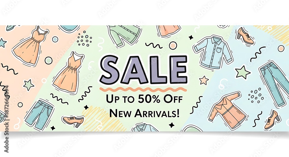 Obraz premium Sale banner with colorful clothing illustrations.