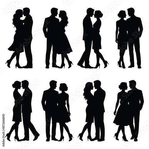Silhouettes of couples dancing embracing and posing in various romantic and intimate arrangements