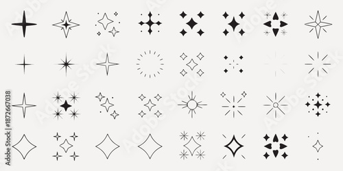 Collection of diverse black and white star and sparkle line art designs