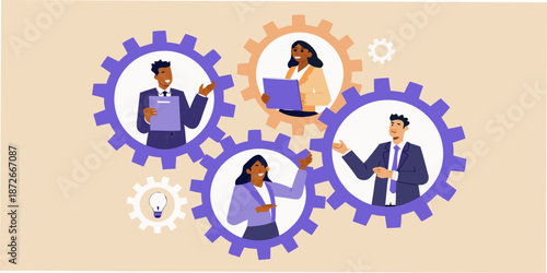 Diverse team members connecting within a network of interconnected gears