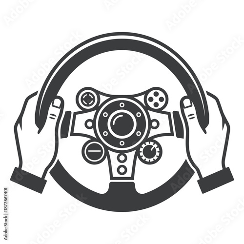 A black and white illustration depicting a steering wheel held by two hands focused on control