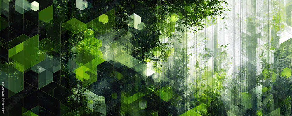 Obraz premium Eco digital background with green forest textures and geometric hexagon pattern