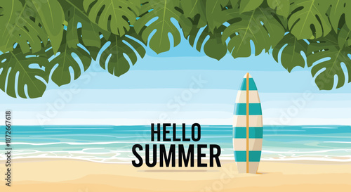 Tropical beach landscape with blue ocean waves, golden sand, surfboard, and green monstera leaves framing the top.