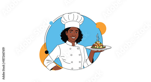 Professional female chef in white uniform and hat presenting a delicious gourmet dish on a plate with steam rising.