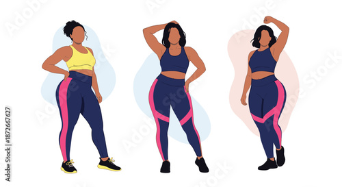 Three diverse plus size women in sporty leggings and tops posing confidently for a fitness and body positivity concept.