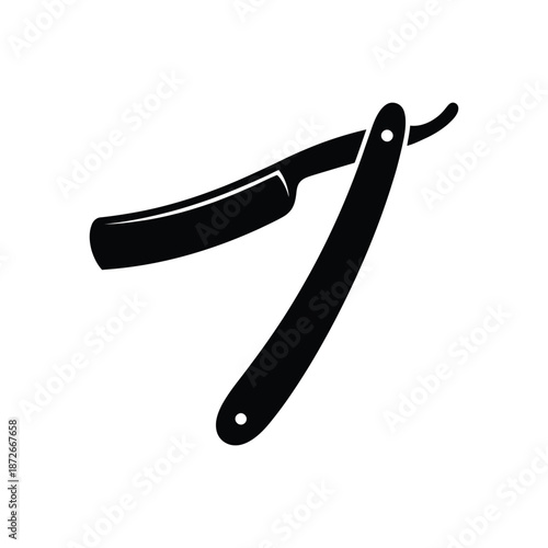 A sleek black silhouette of an old fashioned straight razor rests against a pure white background