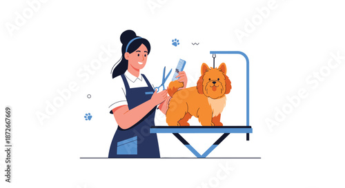 Female pet groomer in apron carefully trimming the fur of a small fluffy dog on a professional grooming table in a salon.