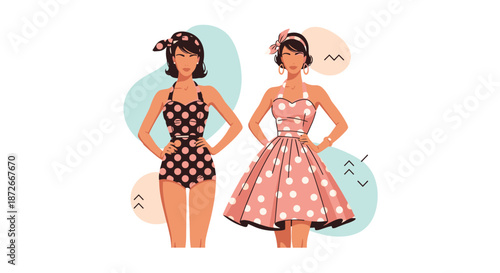 Two elegant women in vintage 1950s style polka dot dresses and swimwear posing with retro fashion accessories.