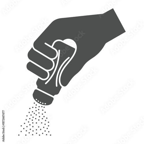 A simple black silhouette depicting a hand sprinkling salt or seasoning from a container