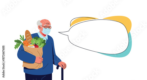 Senior man wearing a protective face mask and carrying a brown paper bag full of fresh groceries and vegetables.