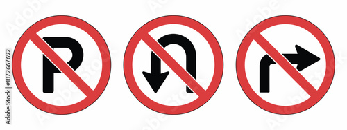 No Parking No U-Turn No Right Turn Road Signs, traffic prohibition symbols, safety warning icons, silhouette vector illustration for street signage.