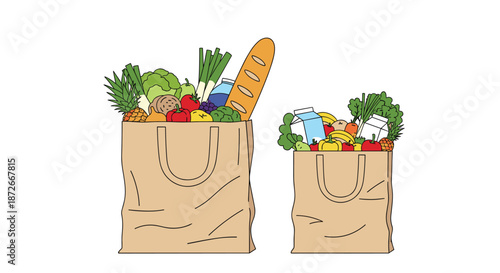 Two brown paper bags overflowing with fresh and healthy groceries including vegetables, fruits, bread, and milk.