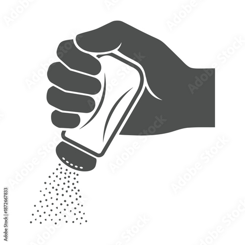 A black and white illustration depicts a hand gripping a salt shaker sprinkling seasoning