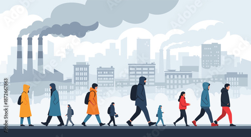 Group of people in warm coats walking through a polluted city with factory smoke stacks and smog in the background.