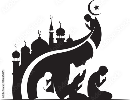 Black silhouettes of Muslims praying in front of a mosque with crescent moon and star, depicting Islamic worship and culture.
