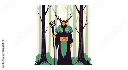 Mystical druid character with deer antlers and a staff standing in a dense forest with tall trees and sunlight.