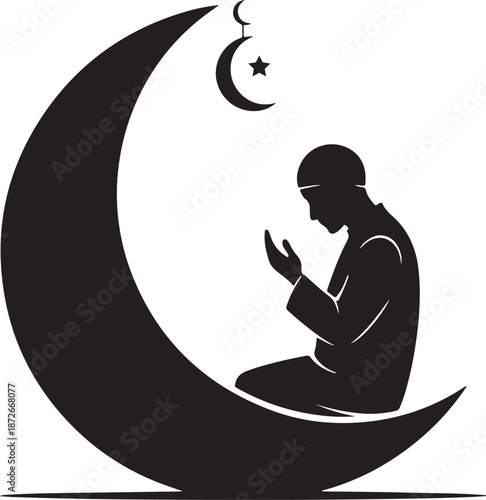 Silhouette of a Muslim man kneeling in prayer on a crescent moon with Islamic symbols of a crescent and star.
