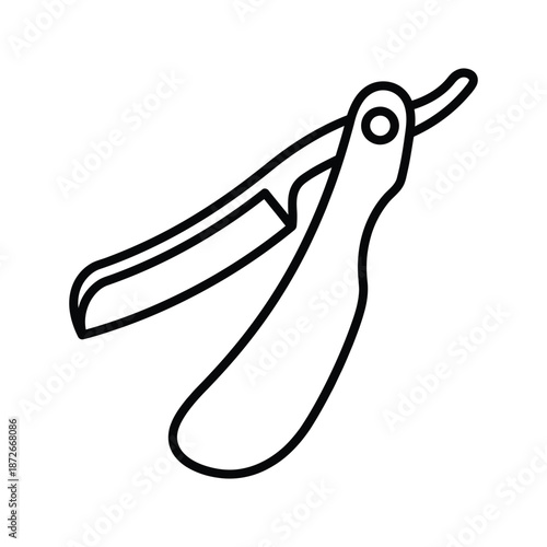 A simple black and white line drawing depicts a classic open straight razor showcasing its design