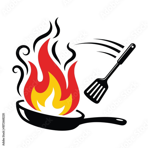 A fiery illustration depicts a sizzling frying pan with flames and a black metal spatula