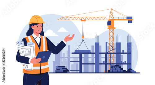 Professional female civil engineer in a safety vest and helmet holding a tablet and blueprints at a construction site.