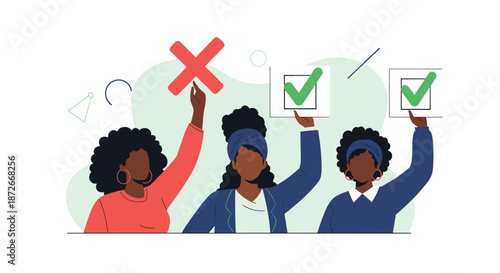 Three diverse women holding up signs with green checkmarks and a red cross to express their personal opinions or choices.